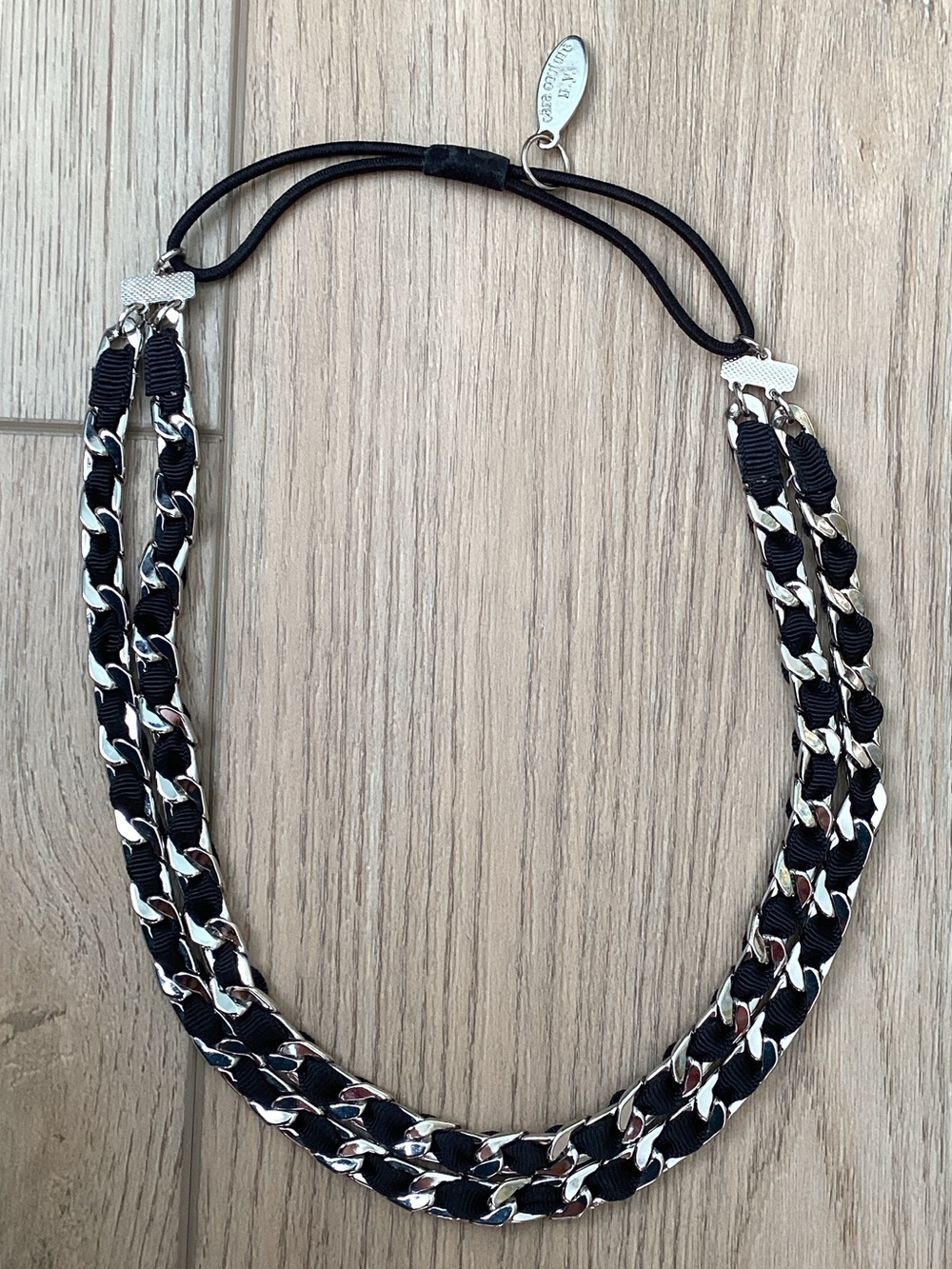 Cara Couture NY Silver Tone Black Grosgrain Ribbon Necklace Edgy Glam